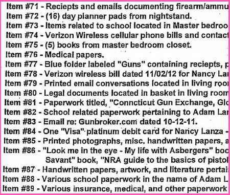 The inventory of property seized includes Item #76 Medical Papers, Item #89 Various insurance, medical and other paperwork in name of Nancy Lanza, and college paperwork in name of Adam Lanza.